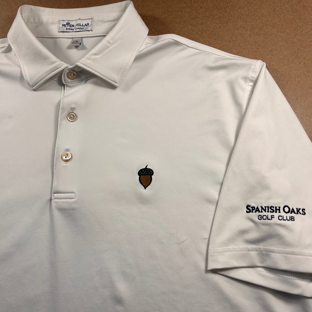 Peter Millar Summer Comfort Polo Mens M White Spanish Oaks Golf Club Acorn
